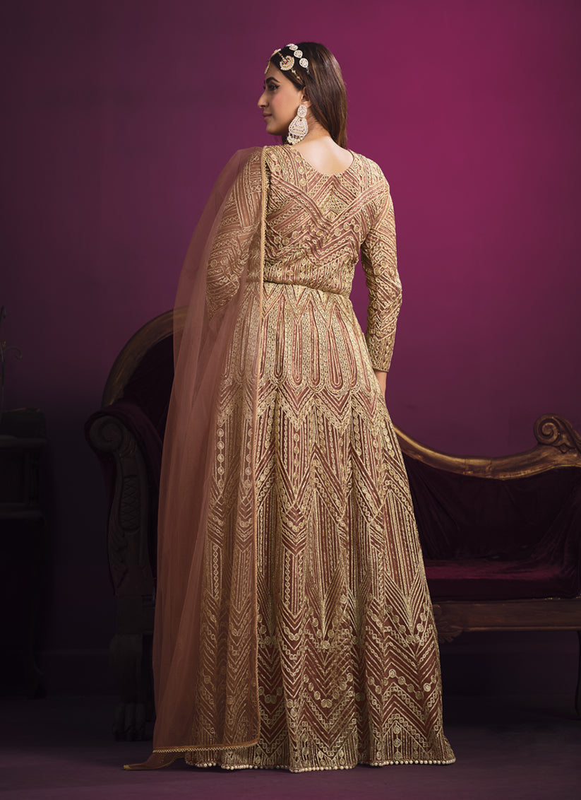 Rose Gold Net Embroidered Designer Pant Kameez