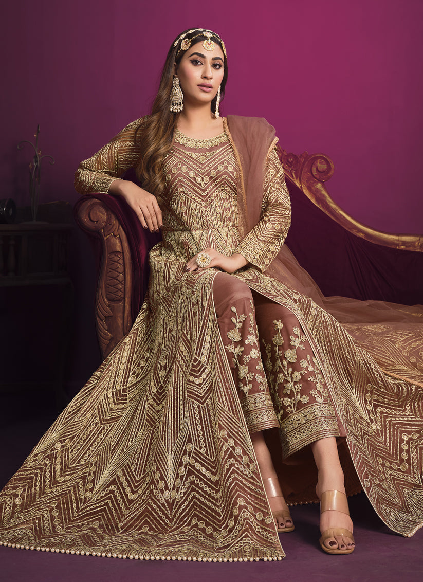Rose Gold Net Embroidered Designer Pant Kameez