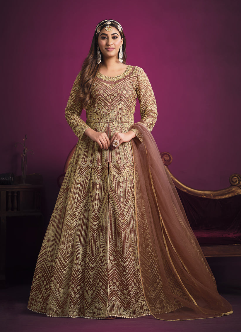 Rose Gold Net Embroidered Designer Pant Kameez