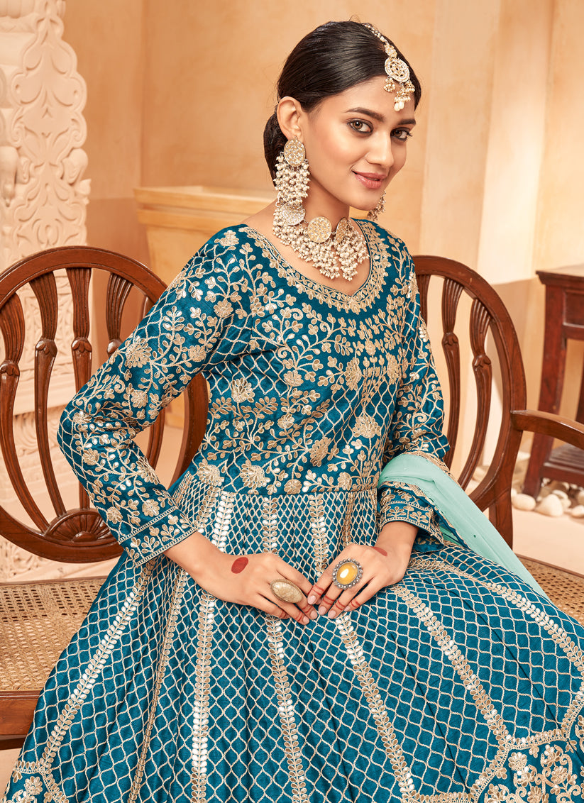Peacock Blue Art Silk Embroidered Designer Anarkali Dress