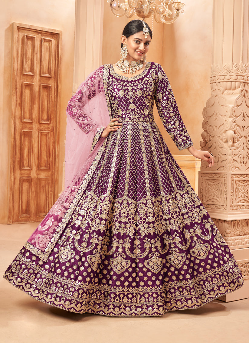 Wine Art Silk Embroidered Designer Anarkali Dress