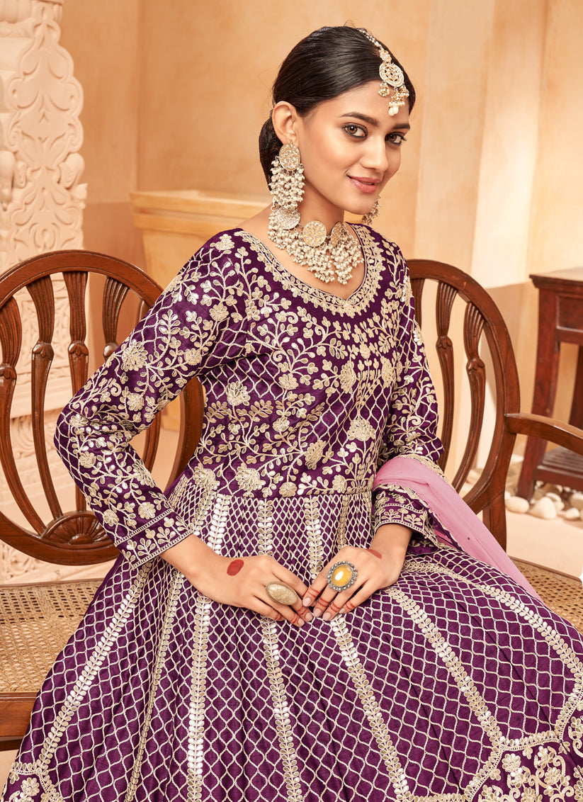 Wine Art Silk Embroidered Designer Anarkali Dress