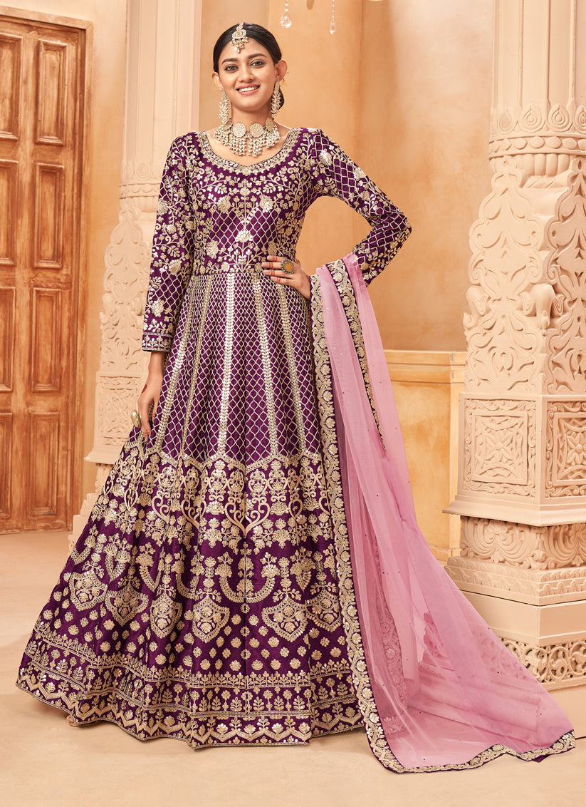 Wine Art Silk Embroidered Designer Anarkali Dress