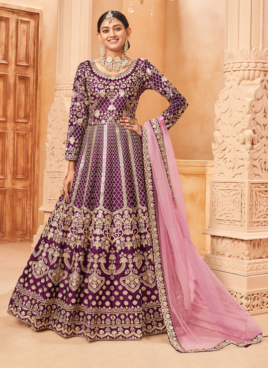 Wine Art Silk Embroidered Designer Anarkali Dress