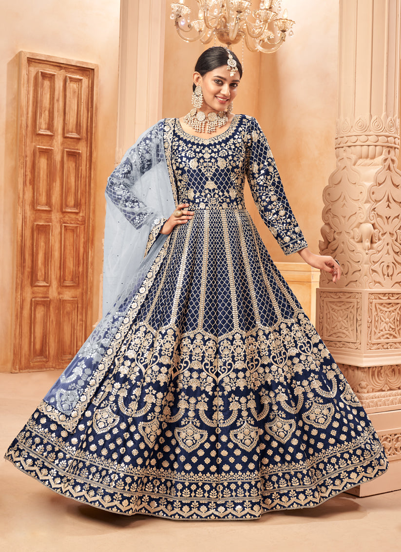 Midnight Blue Art Silk Embroidered Designer Anarkali Dress