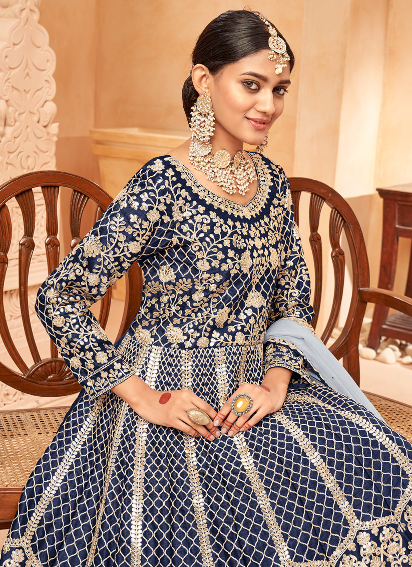 Midnight Blue Art Silk Embroidered Designer Anarkali Dress