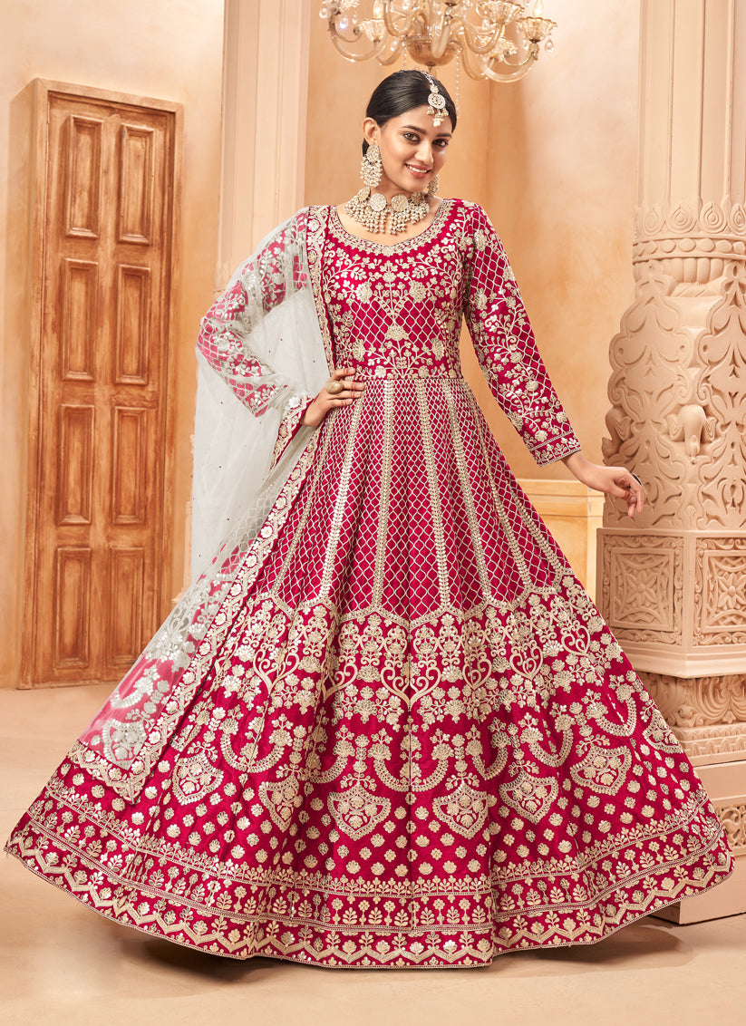Red Art Silk Embroidered Designer Anarkali Dress