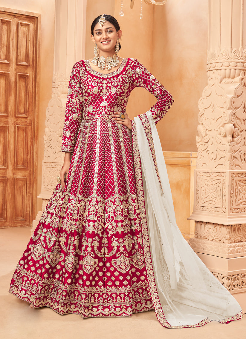 Red Art Silk Embroidered Designer Anarkali Dress