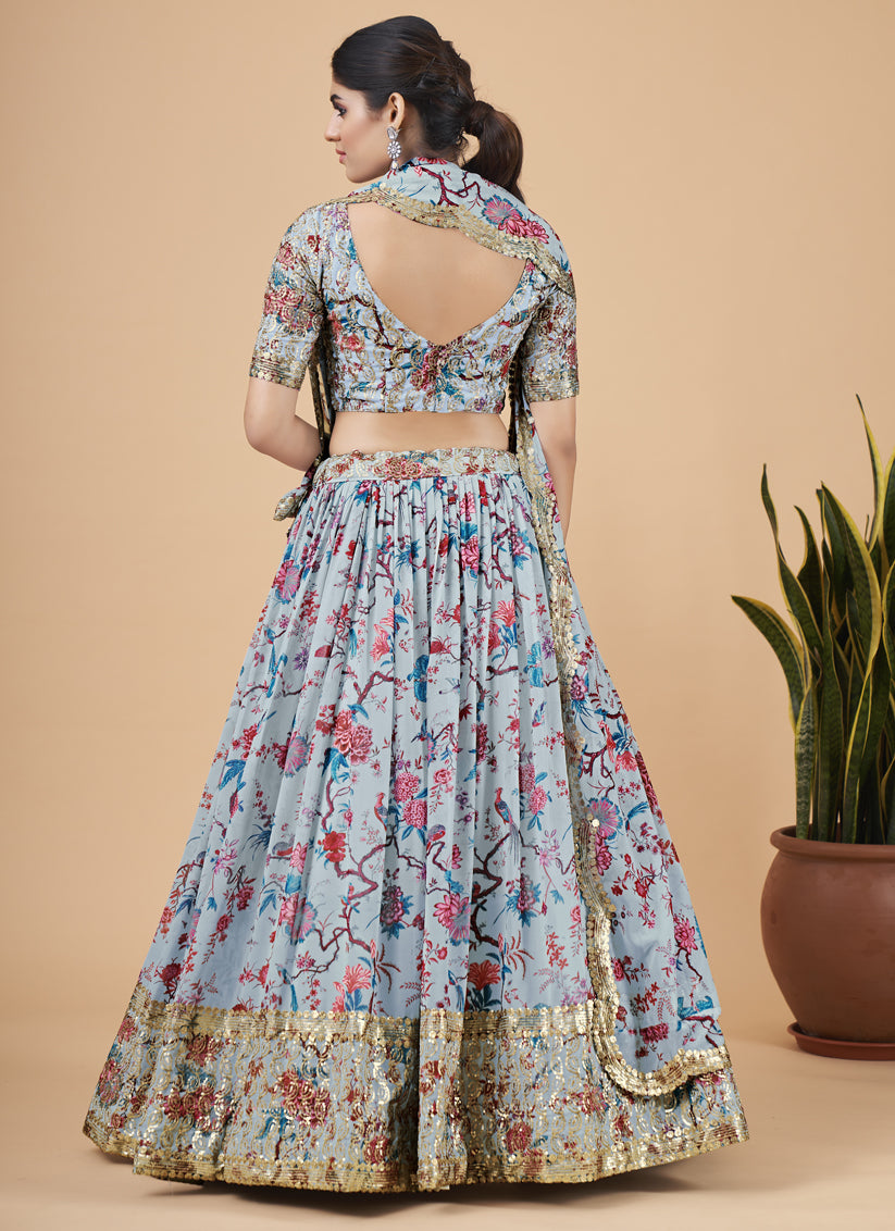 Grey Faux Georgette Embroidered Designer Lehenga Choli