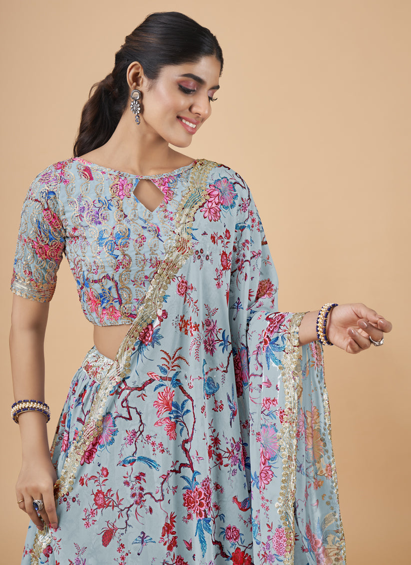 Grey Faux Georgette Embroidered Designer Lehenga Choli
