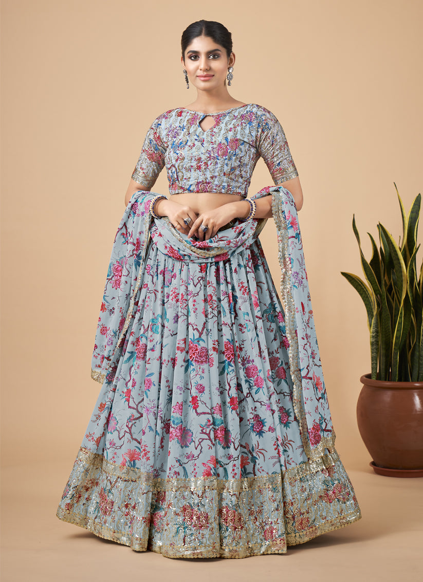 Grey Faux Georgette Embroidered Designer Lehenga Choli