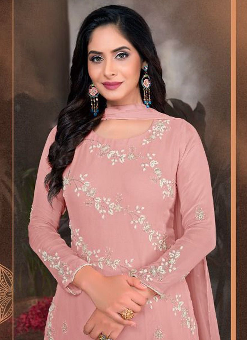 Pink Viscose Georgette Hand Work Ready Made Gharara Kameez