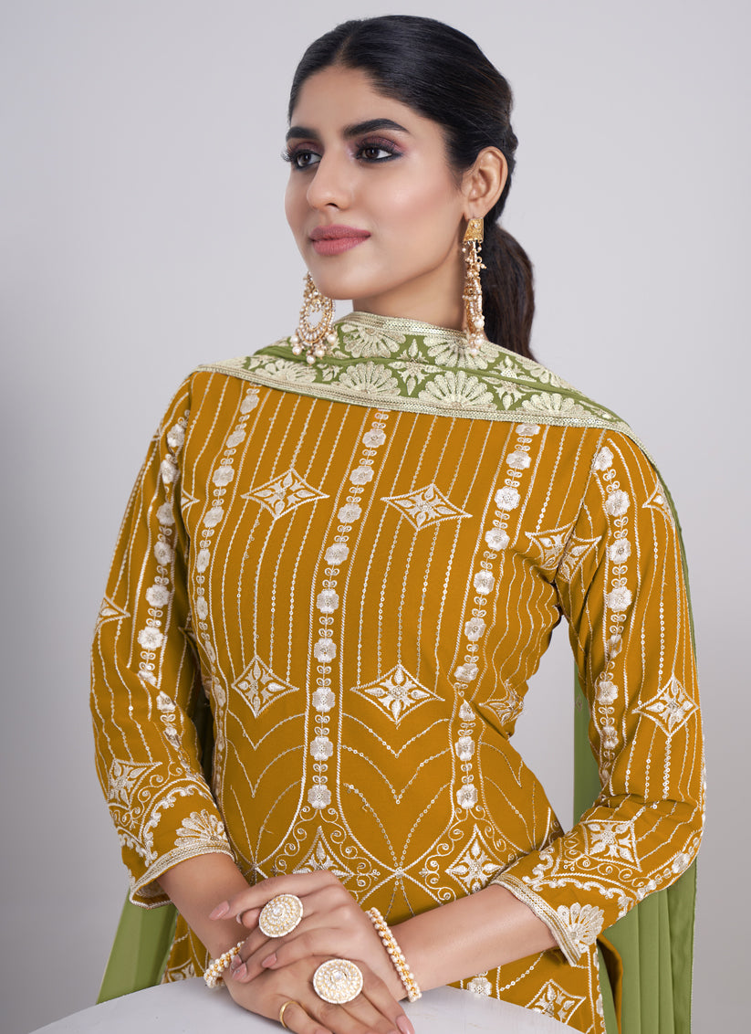 Mustard Faux Georgette Embroidered Sarara Kameez