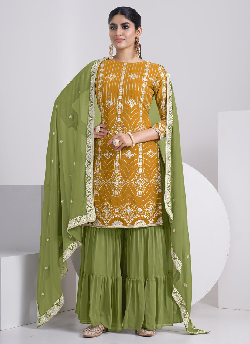 Mustard Faux Georgette Embroidered Sarara Kameez