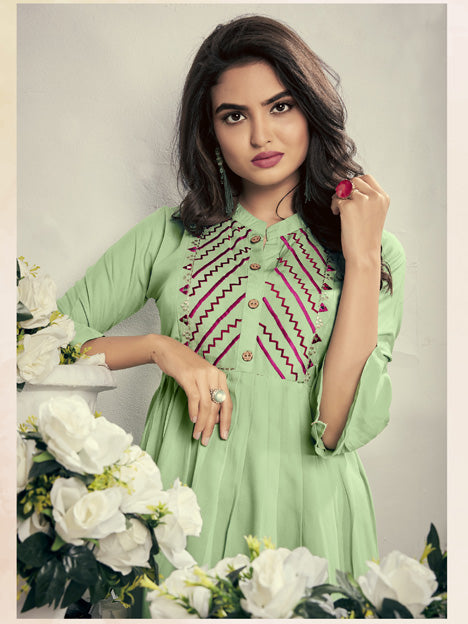 Mint Green Rayon Embroidered Kurti