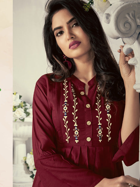 Maroon Rayon Embroidered Kurti