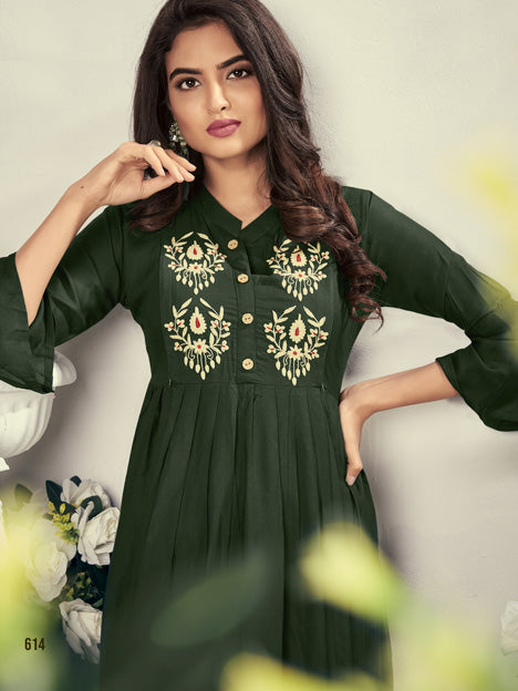 Bottle Green Rayon Embroidered Kurti