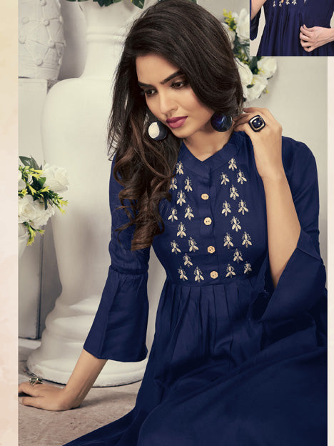 Navy Blue Rayon Embroidered Kurti