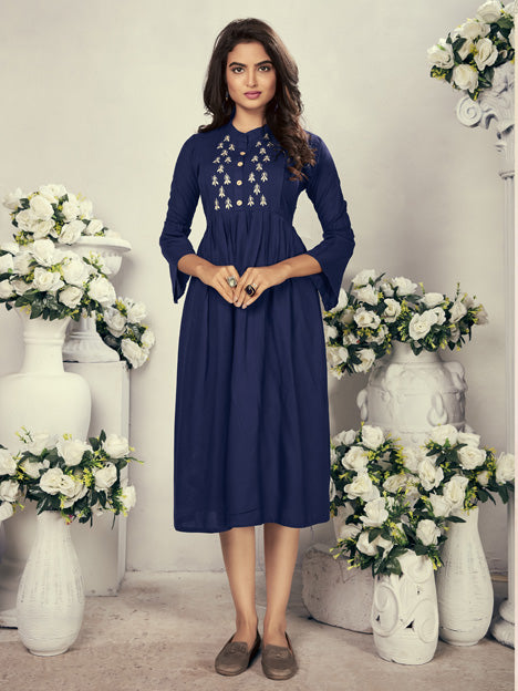 Navy Blue Rayon Embroidered Kurti