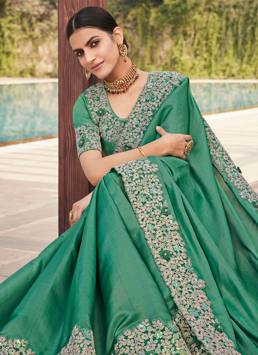 Aqua Green Silk Embroidered Designer Saree