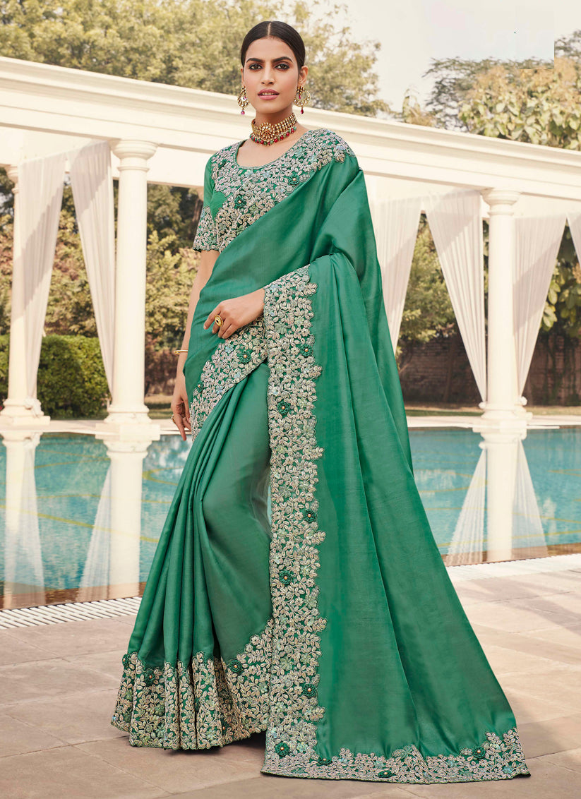Aqua Green Silk Embroidered Designer Saree