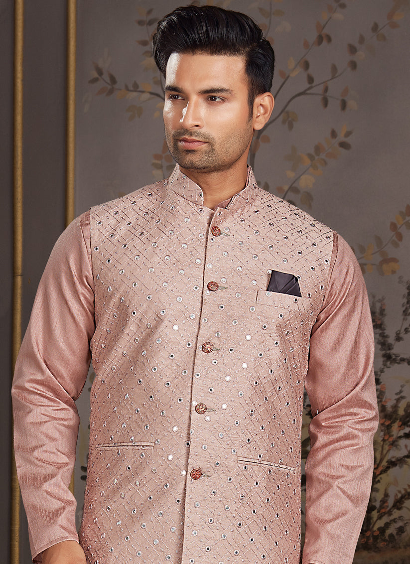 Peach Silk Mens Kurta Set with Jacket