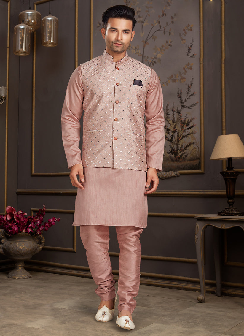Peach Silk Mens Kurta Set with Jacket