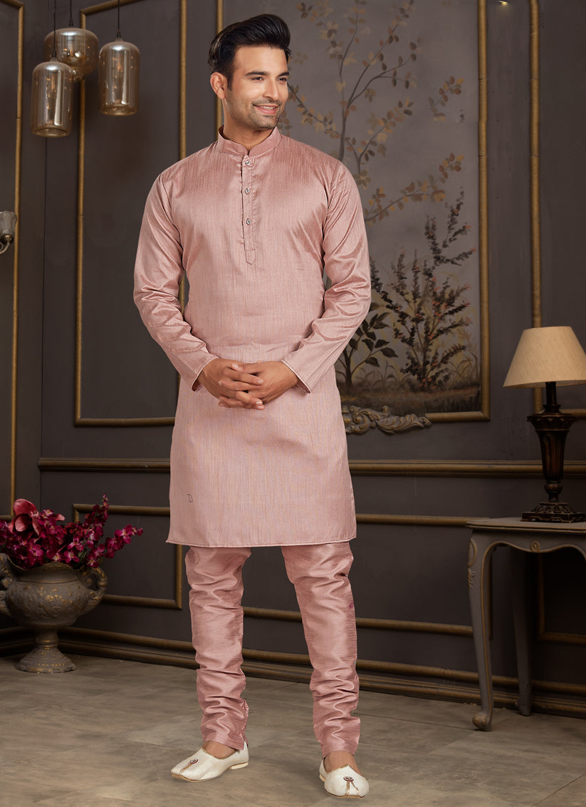 Peach Silk Mens Kurta Pyjama Set