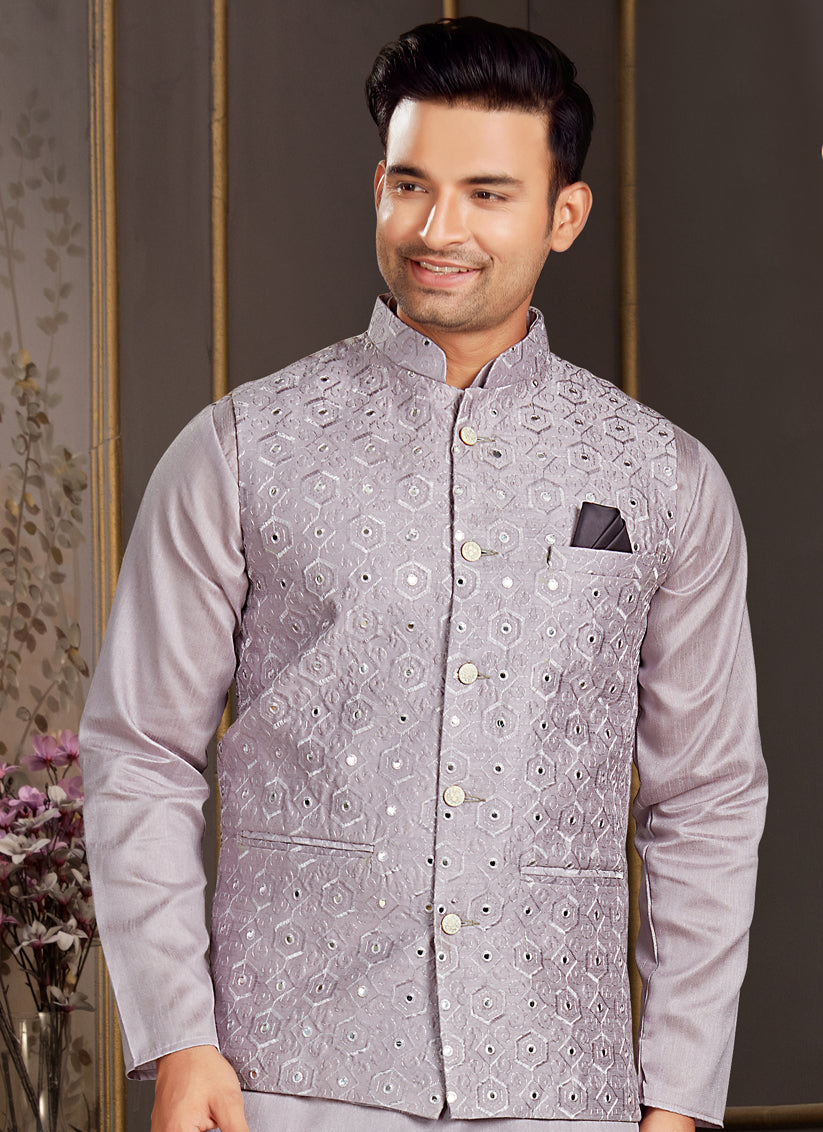 Lavender Silk Mens Kurta Set with Jacket