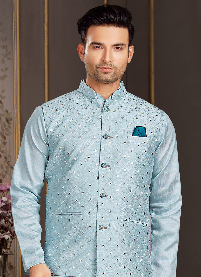 Sky Blue Silk Mens Kurta Set with Jacket