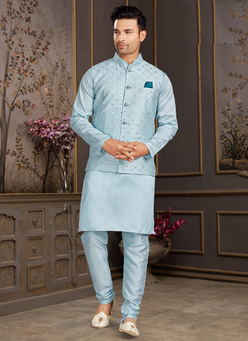 Sky Blue Silk Mens Kurta Set with Jacket