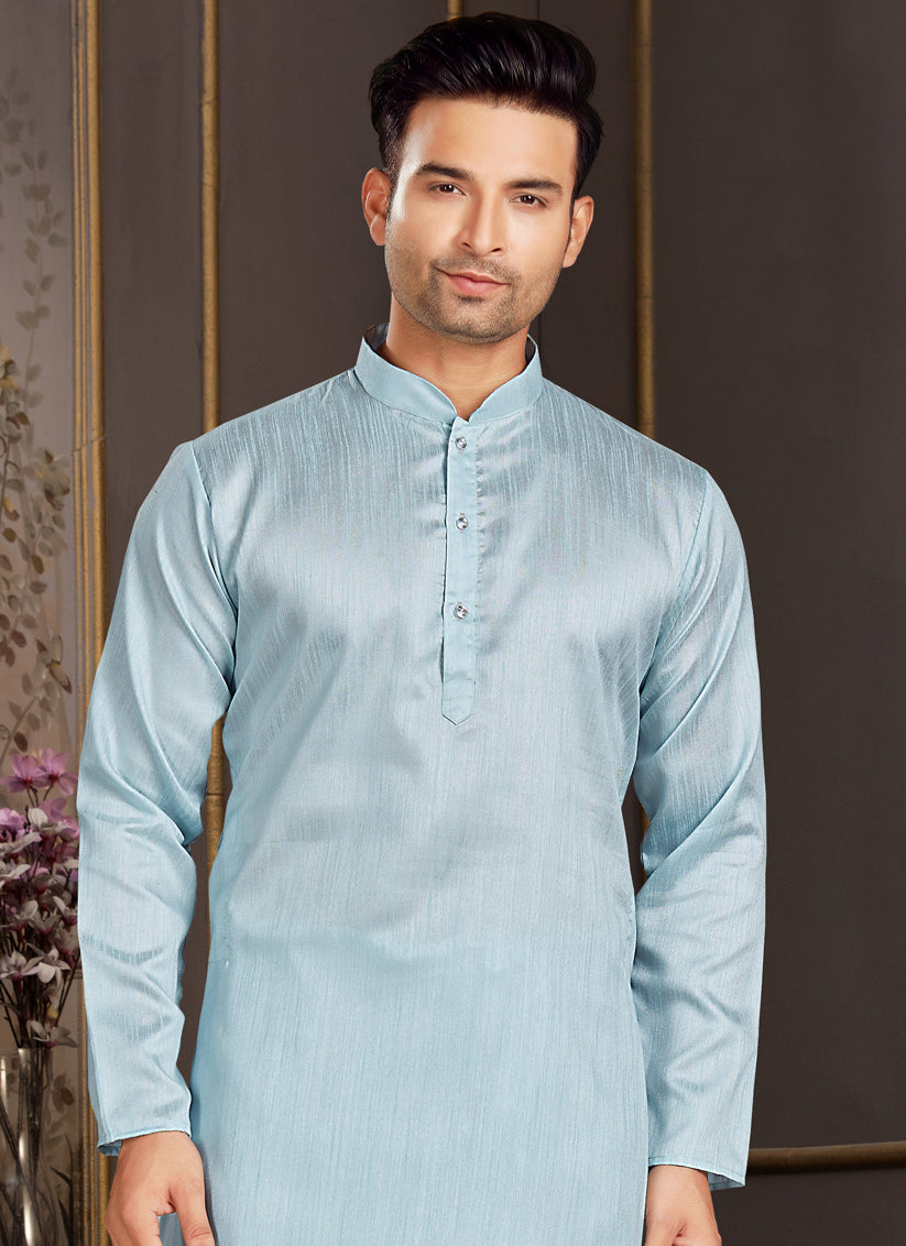 Sky Blue Silk Mens Kurta Pyjama Set