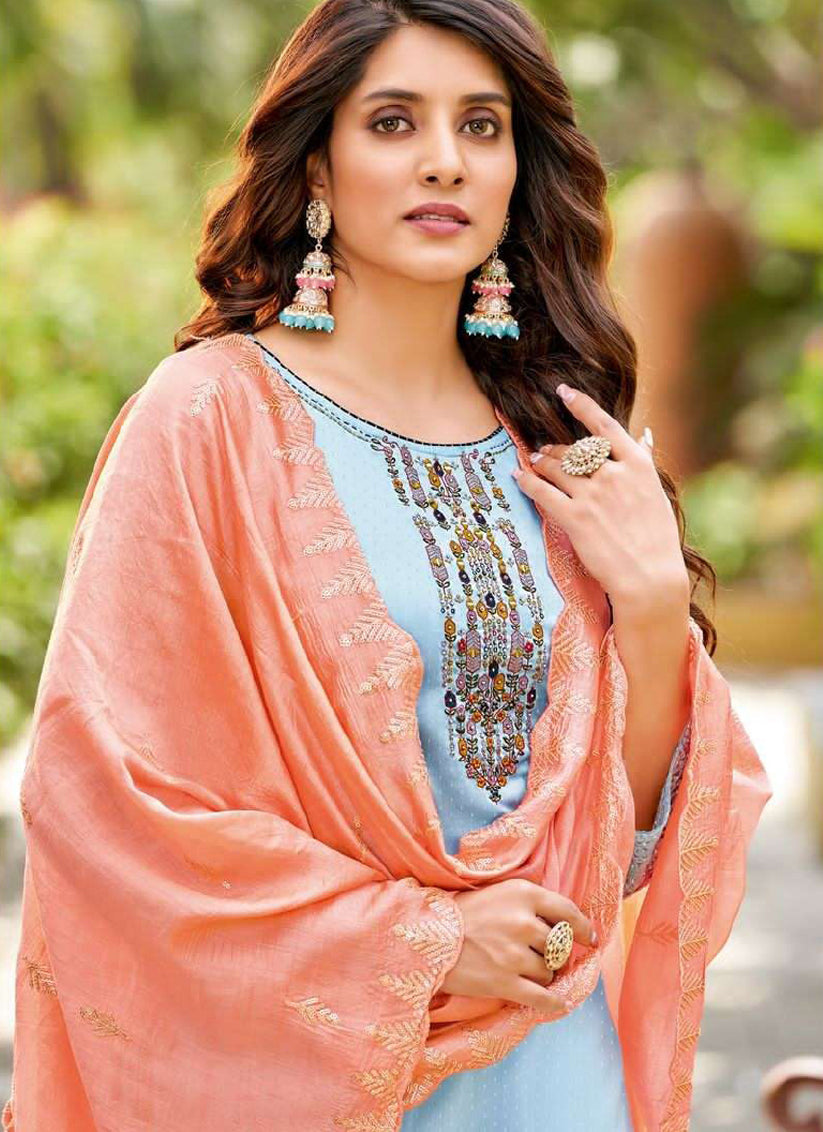 Sky Blue Rayon Embroidered Ready Made Party Wear Pant Kameez Set