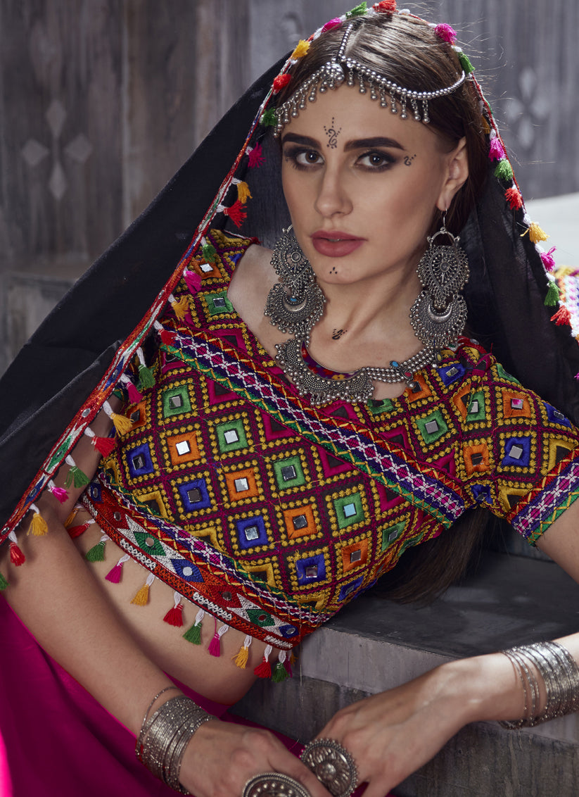 Rani Pink Cotton Gamthi Work Navaratri Specials Chaniya Choli