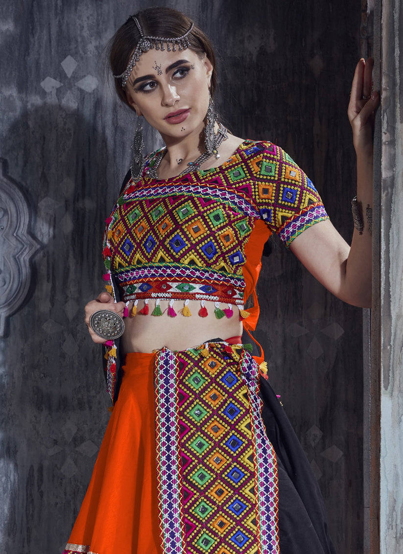 Flame Orange Cotton Gamthi Work Navaratri Specials Chaniya Choli