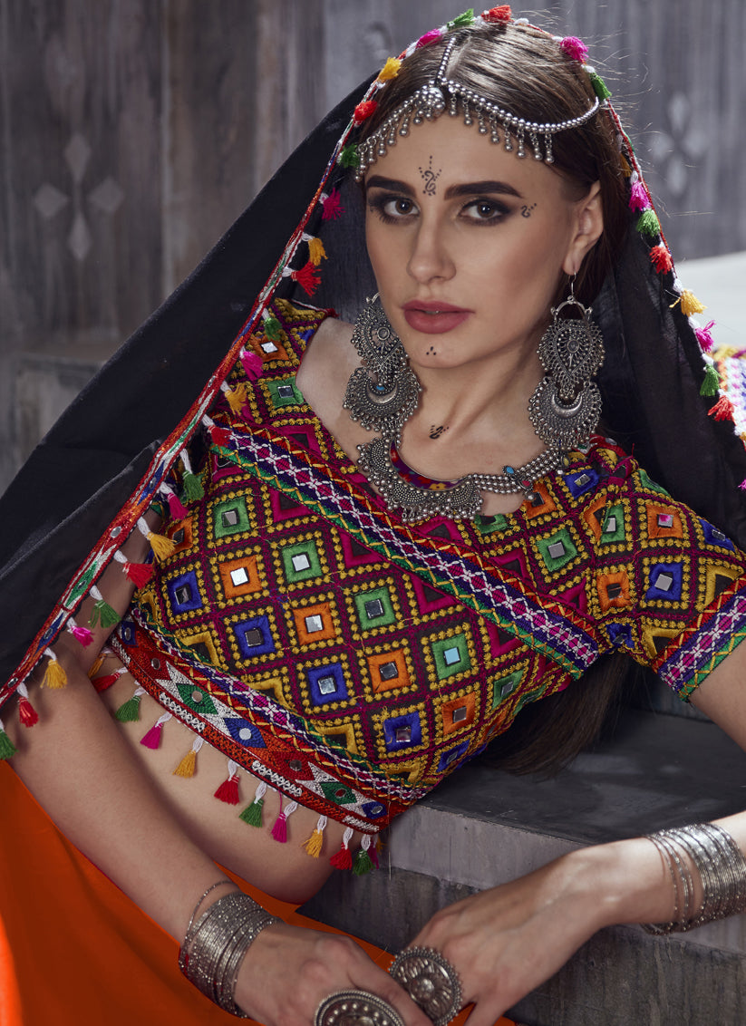 Flame Orange Cotton Gamthi Work Navaratri Specials Chaniya Choli