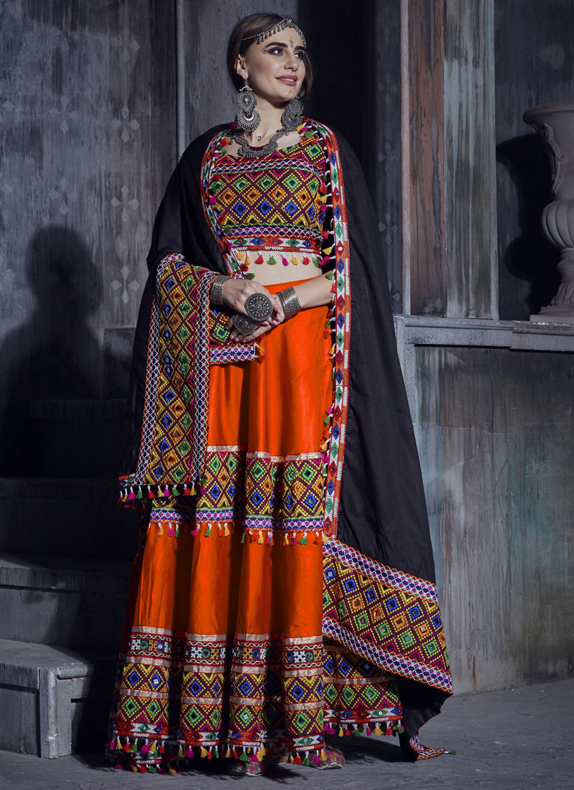 Flame Orange Cotton Gamthi Work Navaratri Specials Chaniya Choli