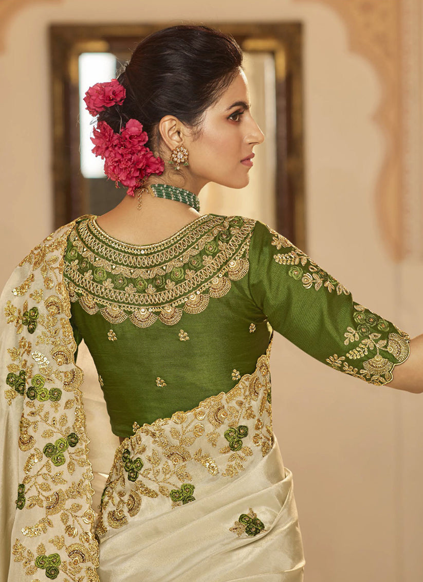 Ivory Viscose Embroidered Wedding Saree