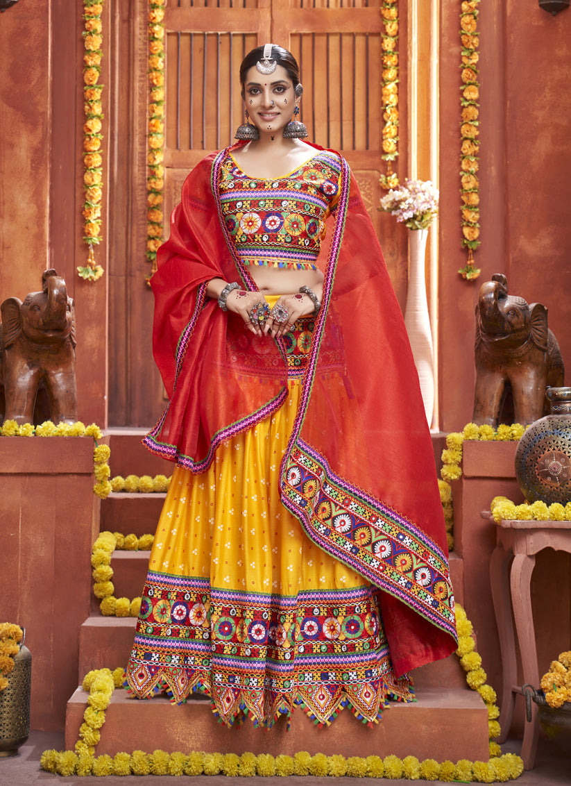 Golden Yellow Cotton Silk Gamthi Work Chaniya Choli