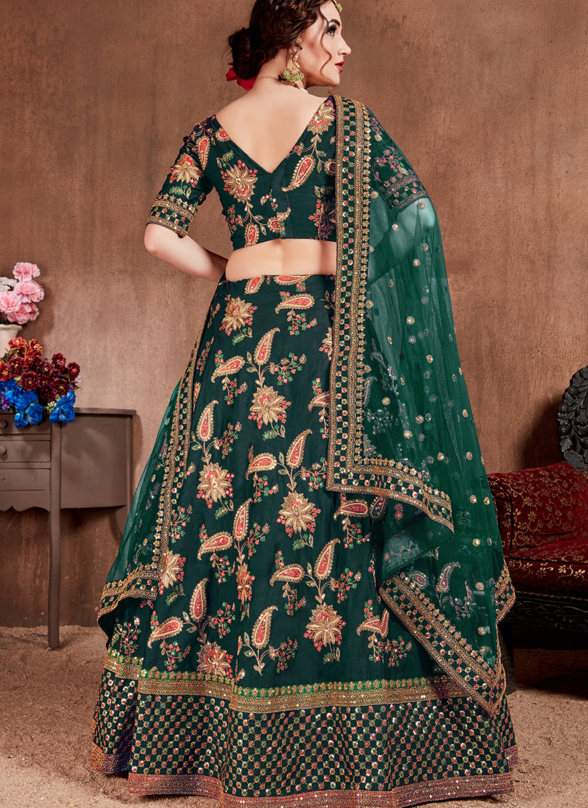 Dark Green Taffeta Silk Bridal Lehenga Choli