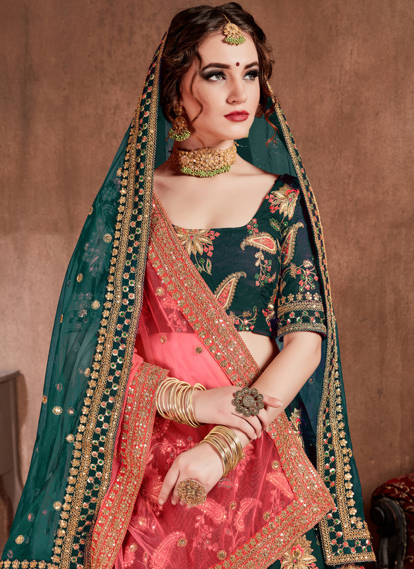 Dark Green Taffeta Silk Bridal Lehenga Choli