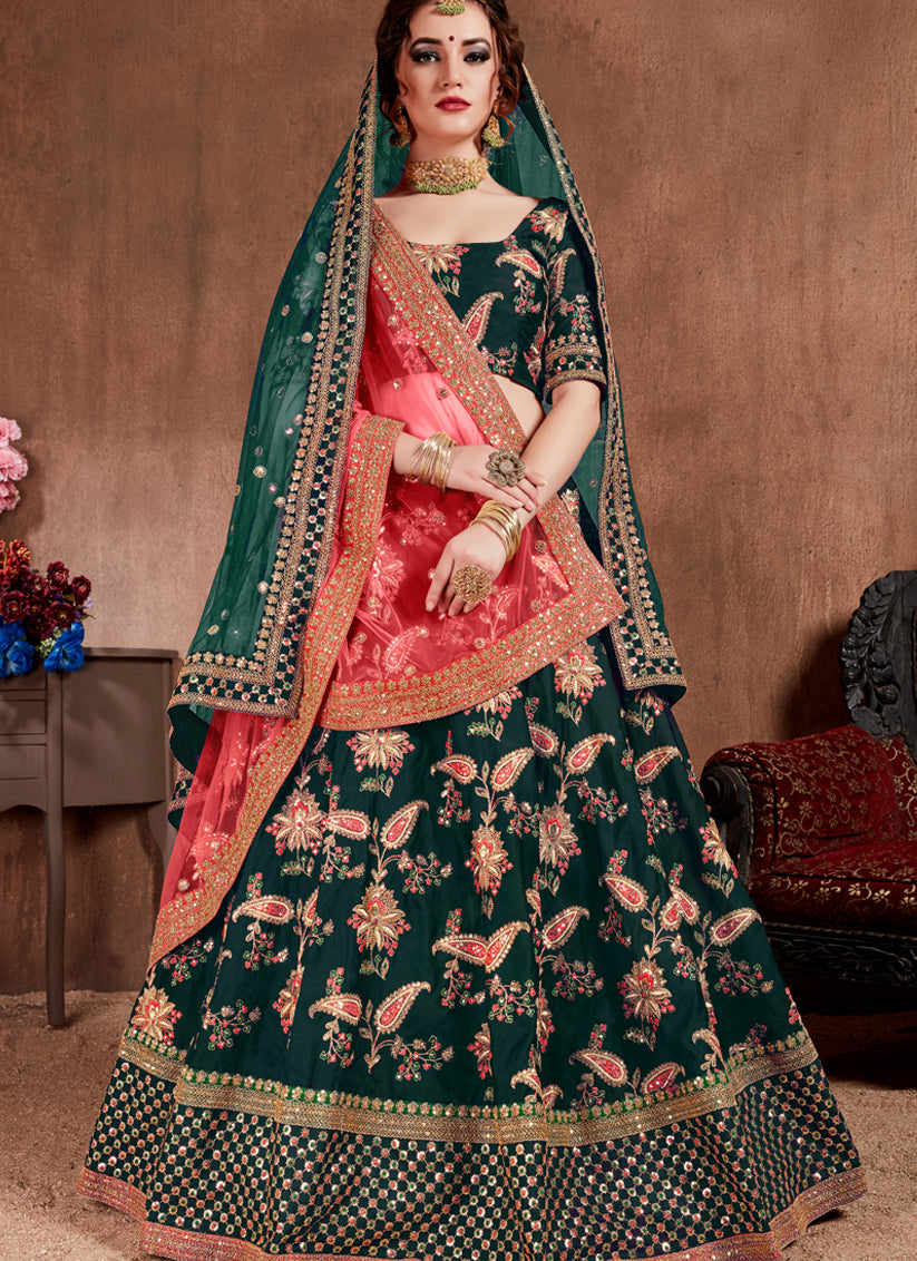 Dark Green Taffeta Silk Bridal Lehenga Choli