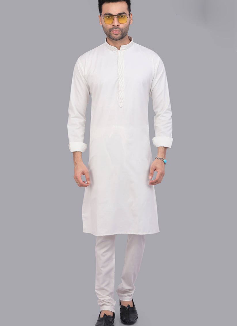 White Cotton Solid Ready Made Mens Kurta Pyjama Set
