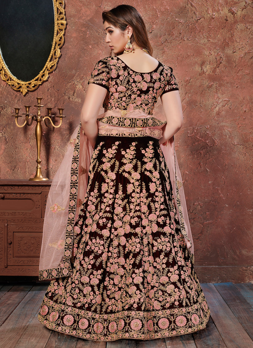Maroon Velvet Embroidered Wedding Lehenga Choli