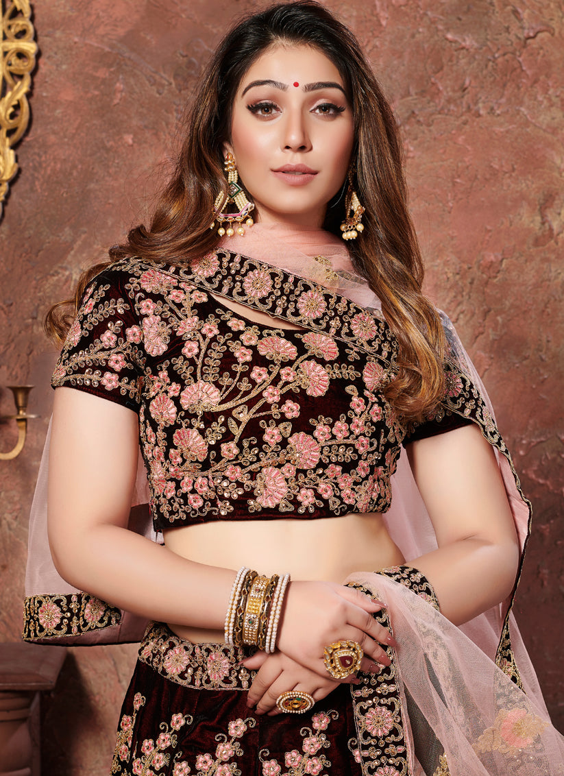 Maroon Velvet Embroidered Wedding Lehenga Choli