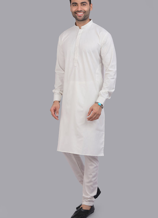 White Cotton Solid Ready Made Mens Kurta Pyjama Set