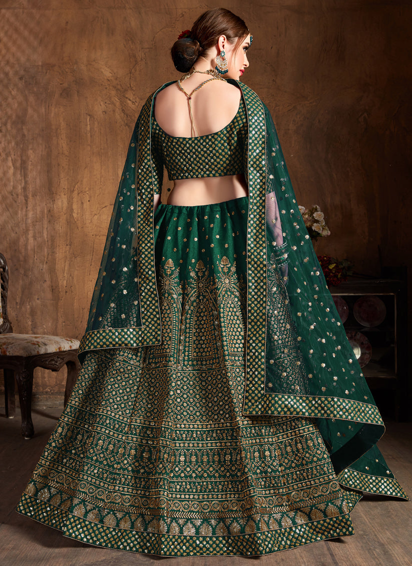 Green Raw Silk Embroidered Designer Lehenga Choli