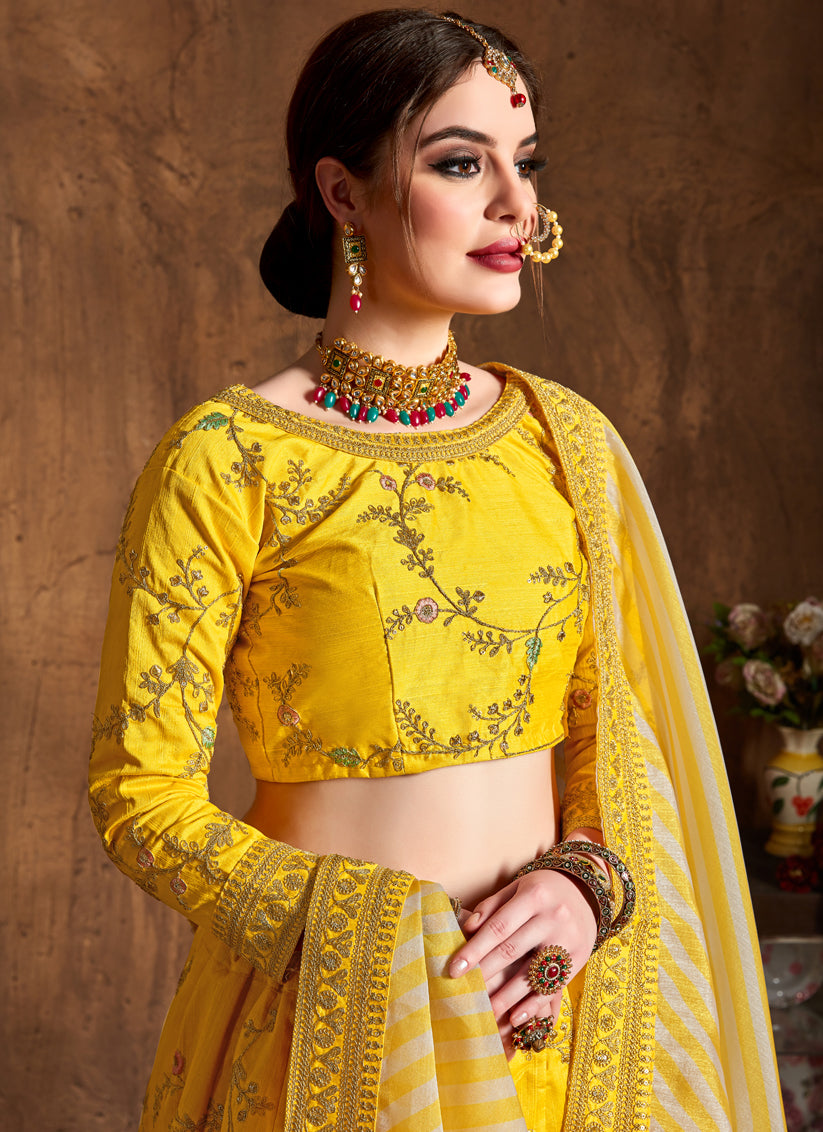Yellow Mulberry Silk Embroidered Designer Lehenga Choli