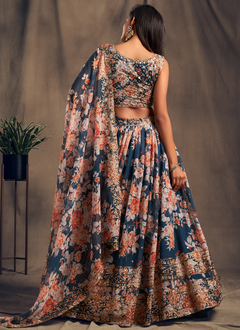 Dove Blue Organza Embroidered Designer Lehenga Choli