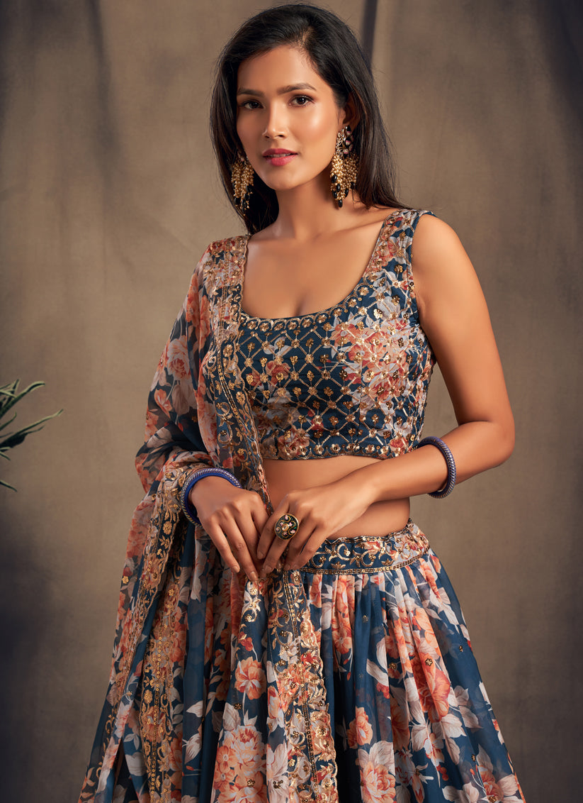 Dove Blue Organza Embroidered Designer Lehenga Choli